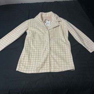Light Beige Houndstooth Pea Coat with Pearl Buttons